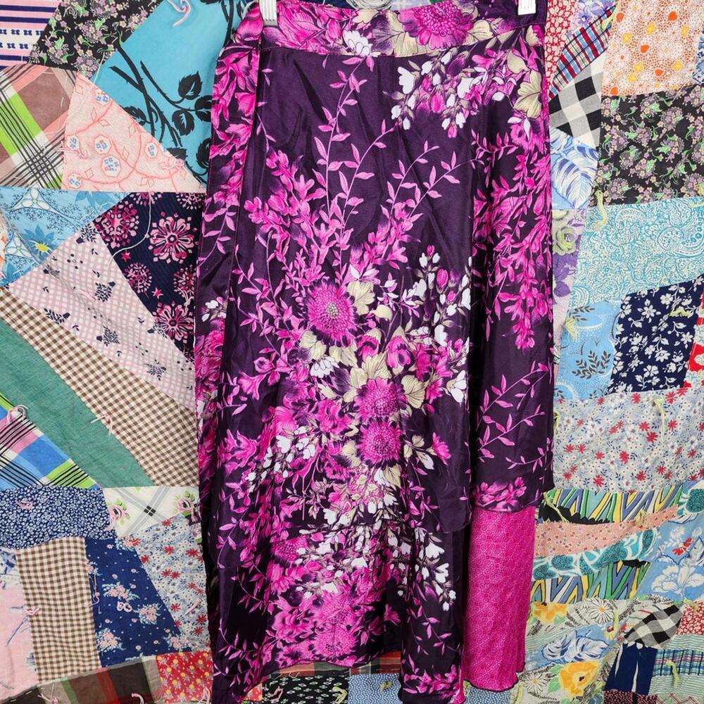 Floral Silk Skirt India Purple Pink Midi‎ Bohemian Festival Size M